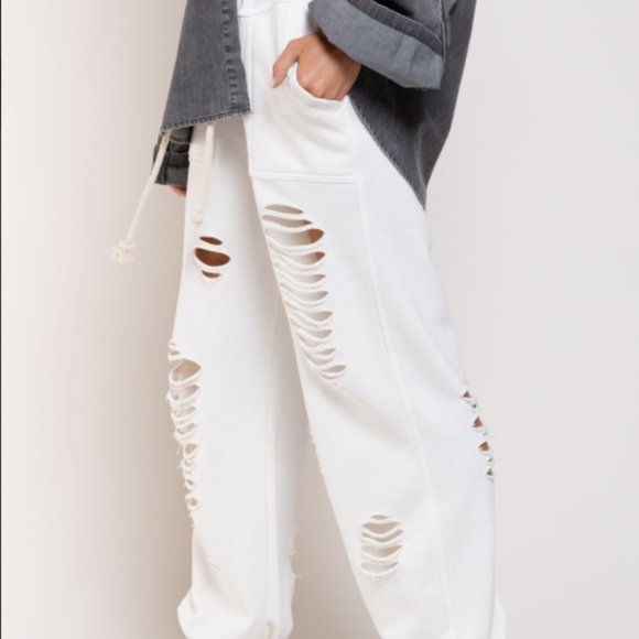 French Terry Joggers Distressed White - Picture 4 of 7